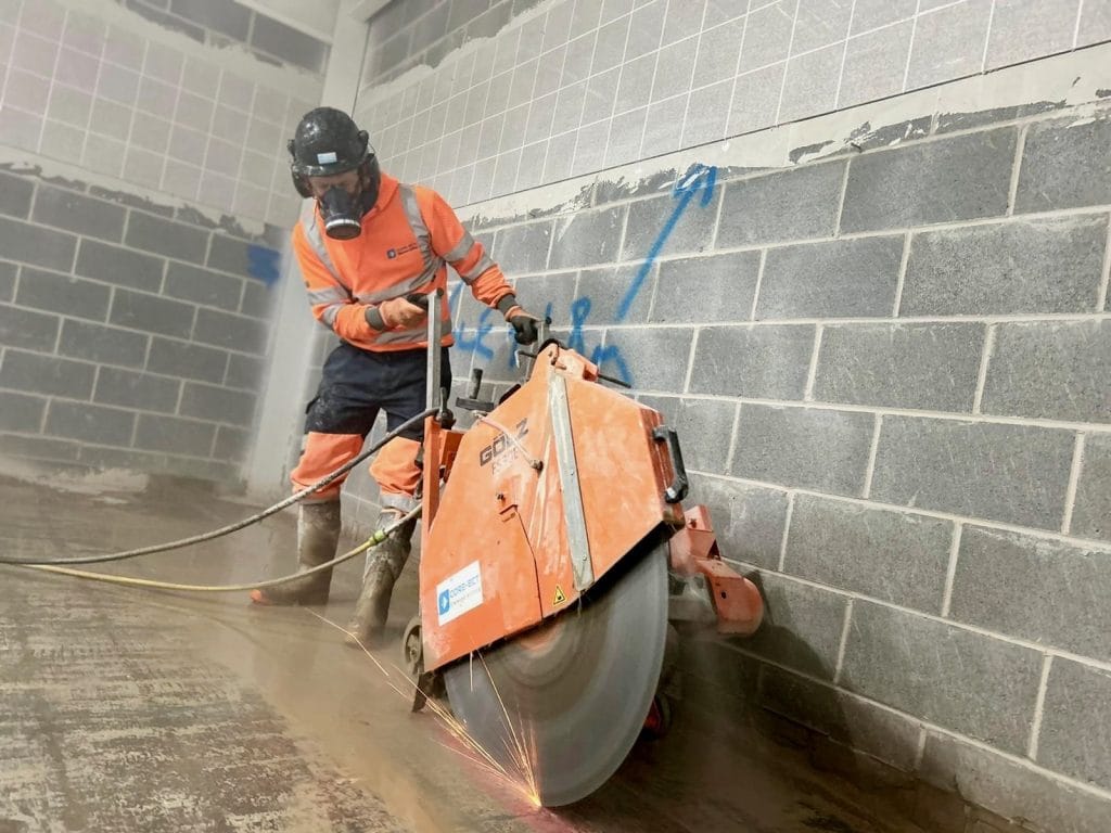 Floor sawing shower rooms to install drainage in Nottinghamshire
